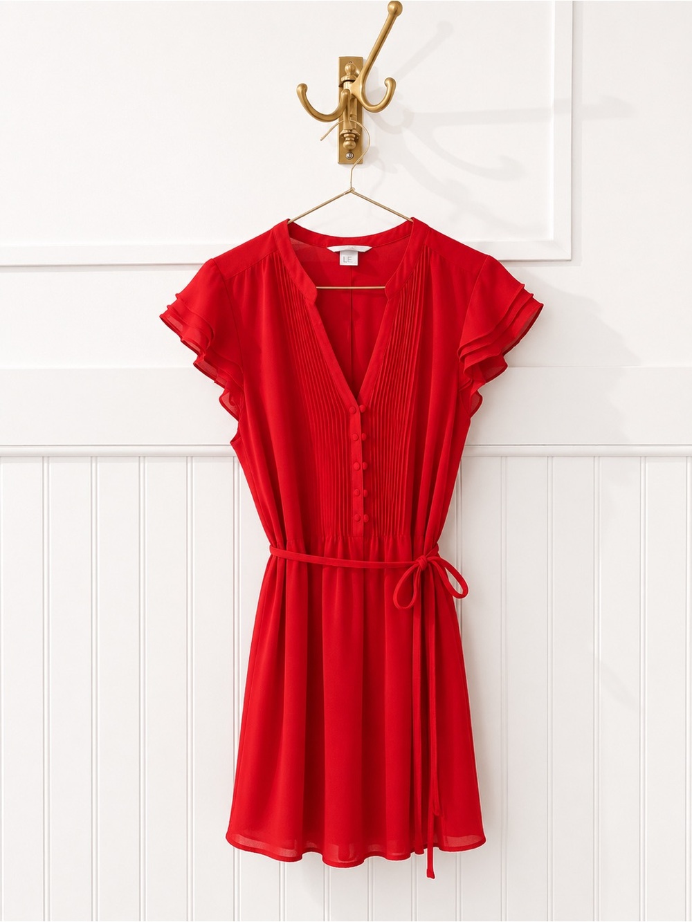 H&M Red Pleated V-Neck Tie-Waist Dress